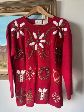 Kathie Lee Collection Red Embroidered Holiday Sweater